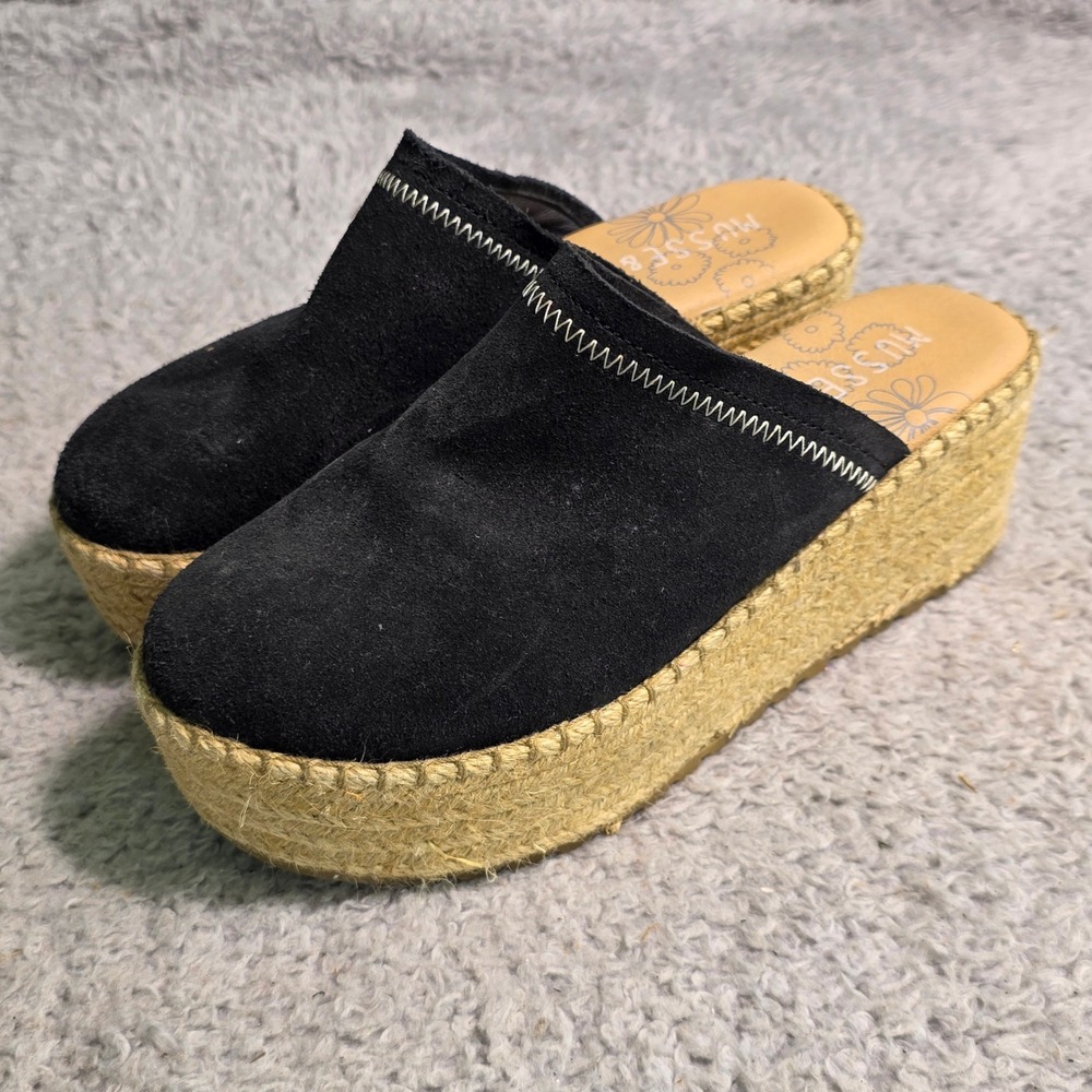 Musse & Cloud Suede Platform Espadrille Mules Black Leather Women 39 8-8.5